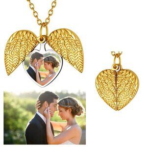 Gold Angel Wings Heart Photo Locket Necklace Memorial Keepsake Gift Pendant